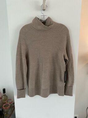 Tahari Taupe Mock Neck Sweater extra fine merino wool waffle wrap shawl collar